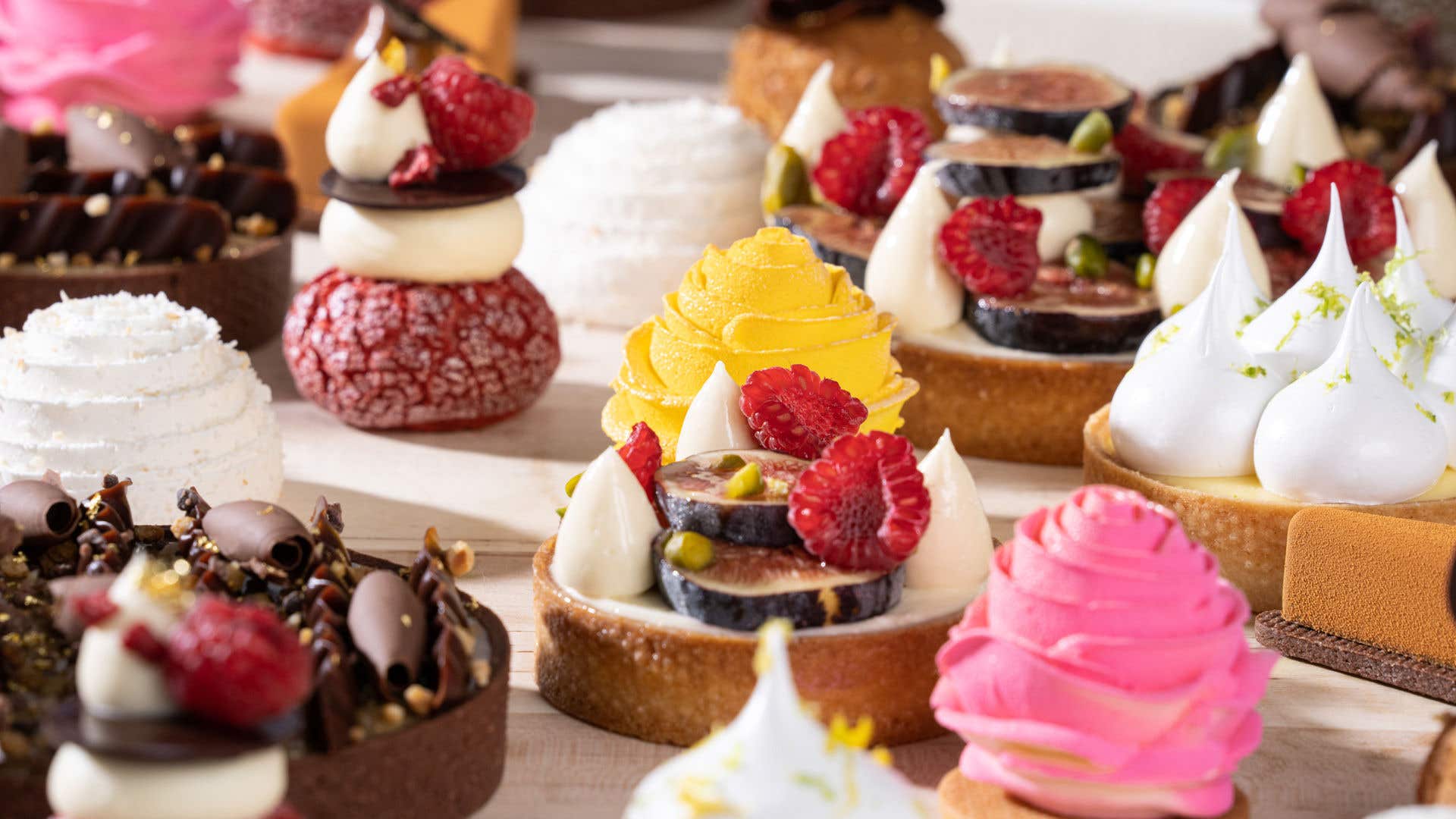Assorted pastries plated with artistic designs.