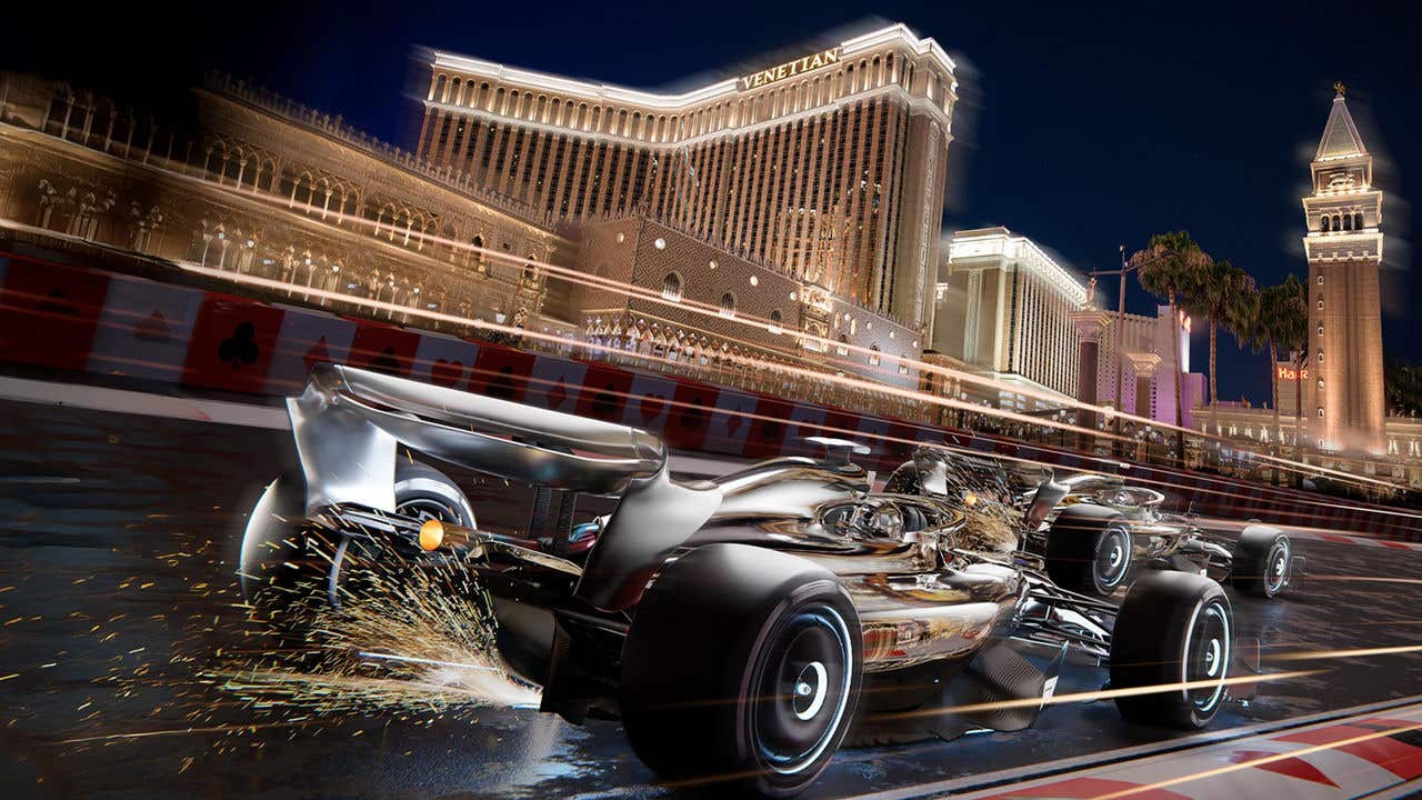 A Formula 1 race car driving down the Las Vegas Strip with sparks flying, and The Venetian Resort in the background. 